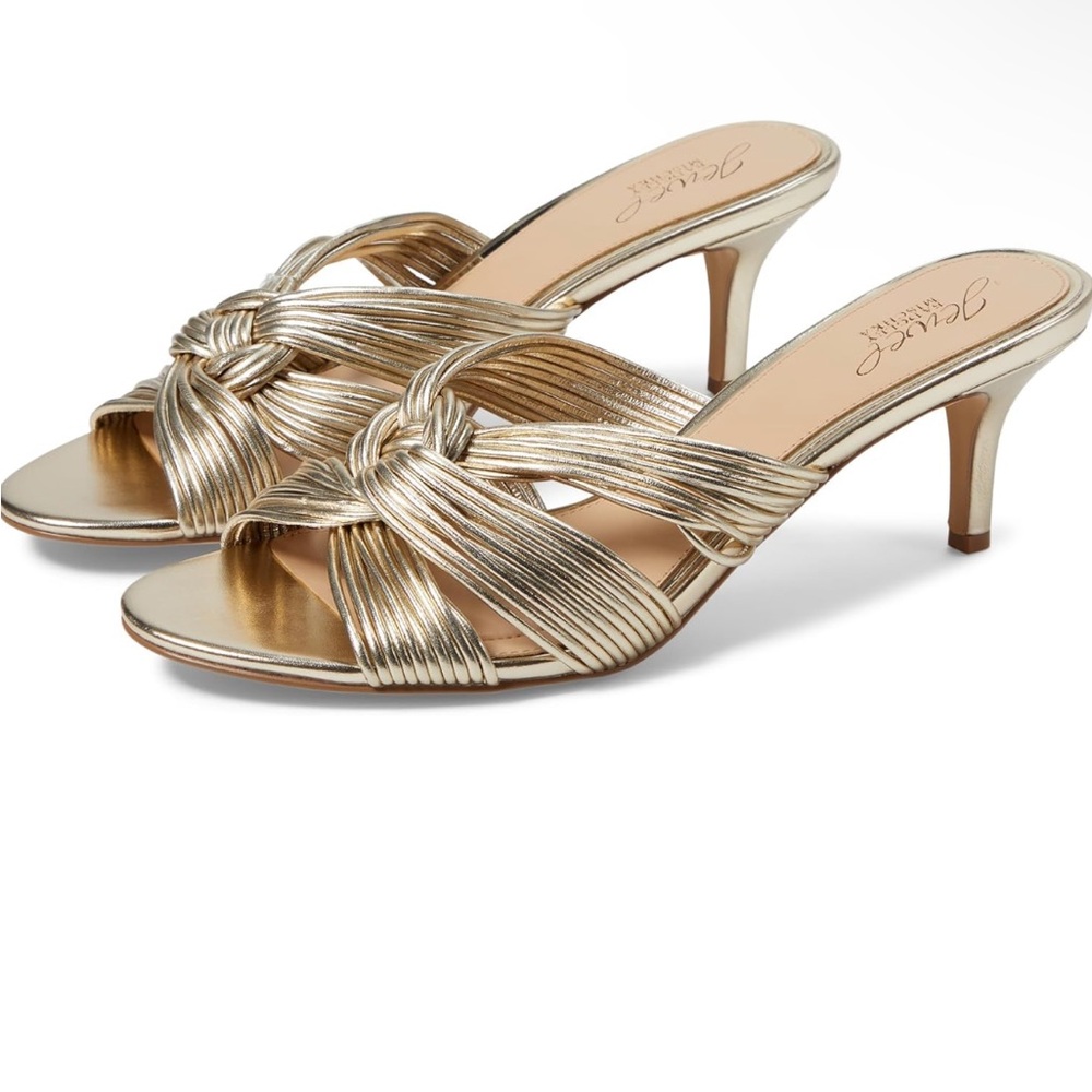 Jewel Badgley Mischka Mia Twisted Gold Leather Mules, size 8.5, NEW w/ box